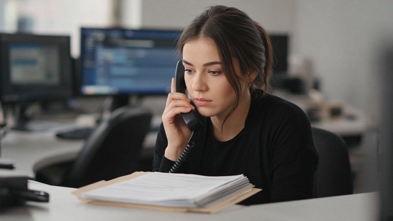 Dispatcher on the phone verifying a carrier's bank change on a number from the file