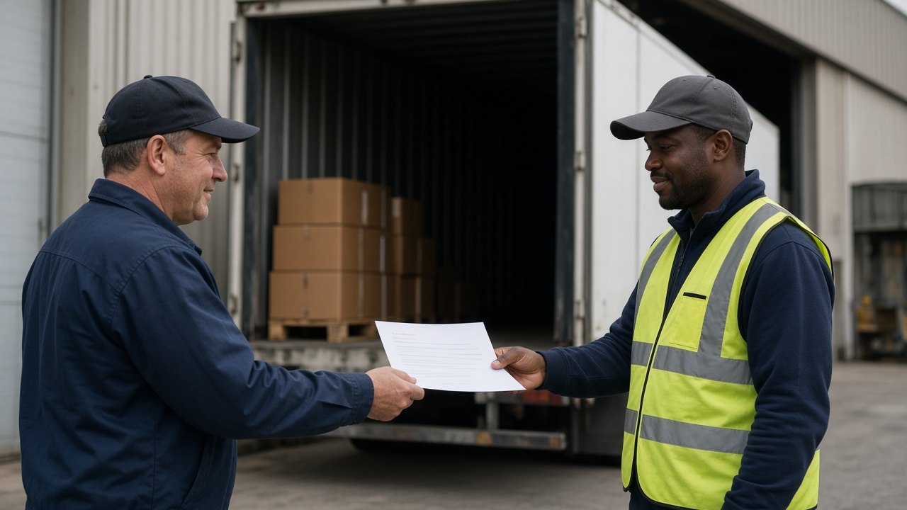 Driver handing signed delivery paperwork to a dock worker at a warehouse