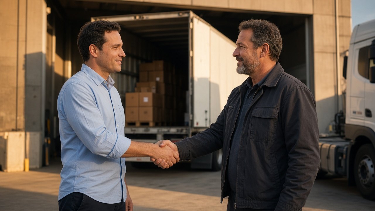 Freight broker and truck driver shaking hands at a loading dock