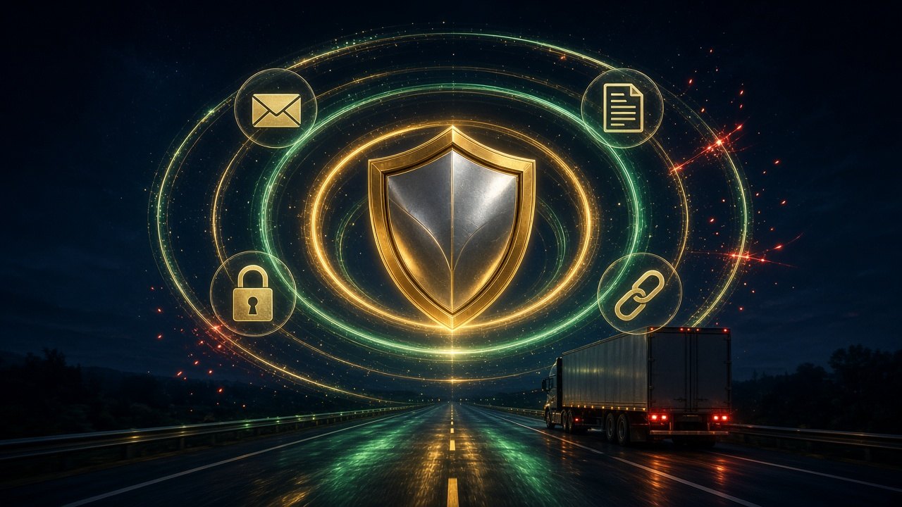 LFS Shield's layers of email, document, identity and chain protection ringed around a semi truck on a night highway, threats deflected