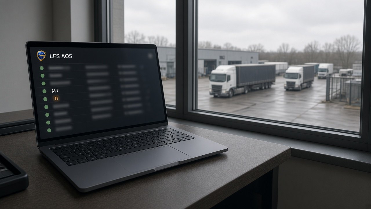 Office window view of trucks rolling while one load shows a hold icon in LFS AOS with MT