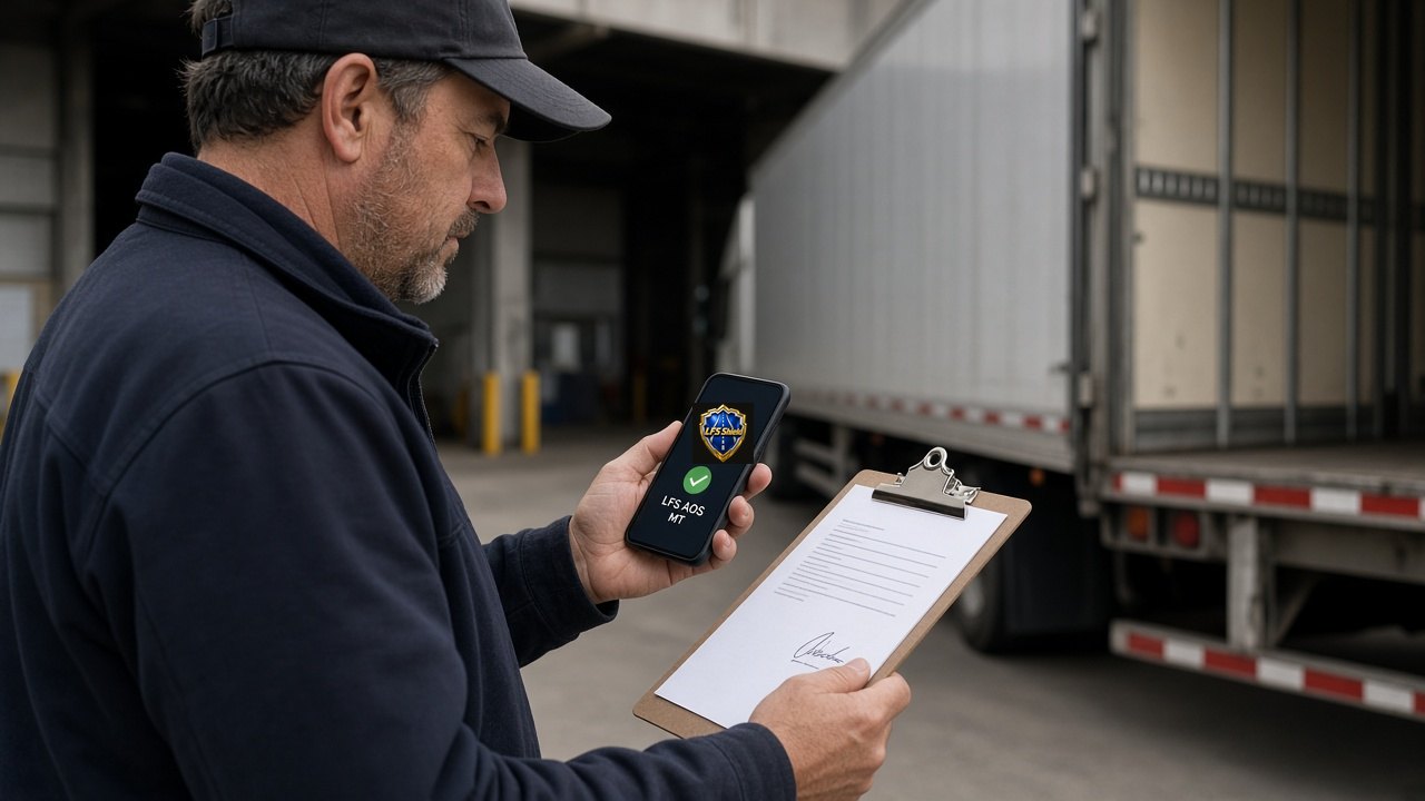 Truck driver at a receiving dock snapping a POD photo with LFS AOS with MT open on his phone