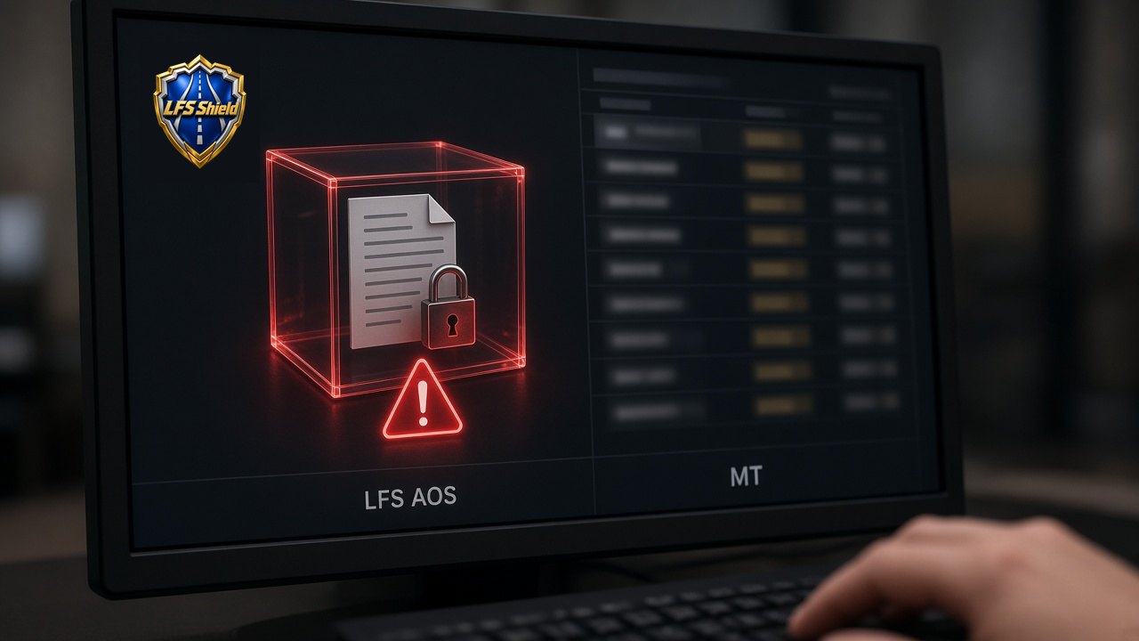 Onboarding laptop in LFS AOS with MT quarantining a carrier packet file behind a shield icon