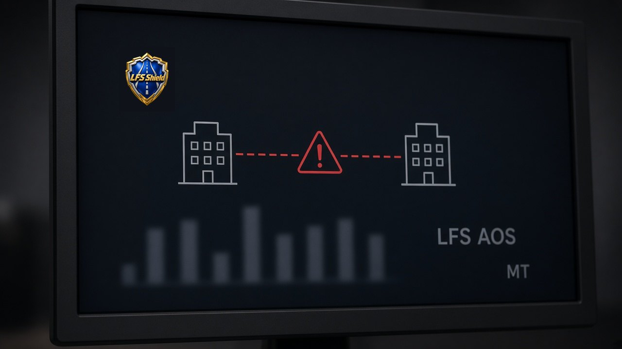Monitor running LFS AOS with MT showing two company icons connected by a warning link