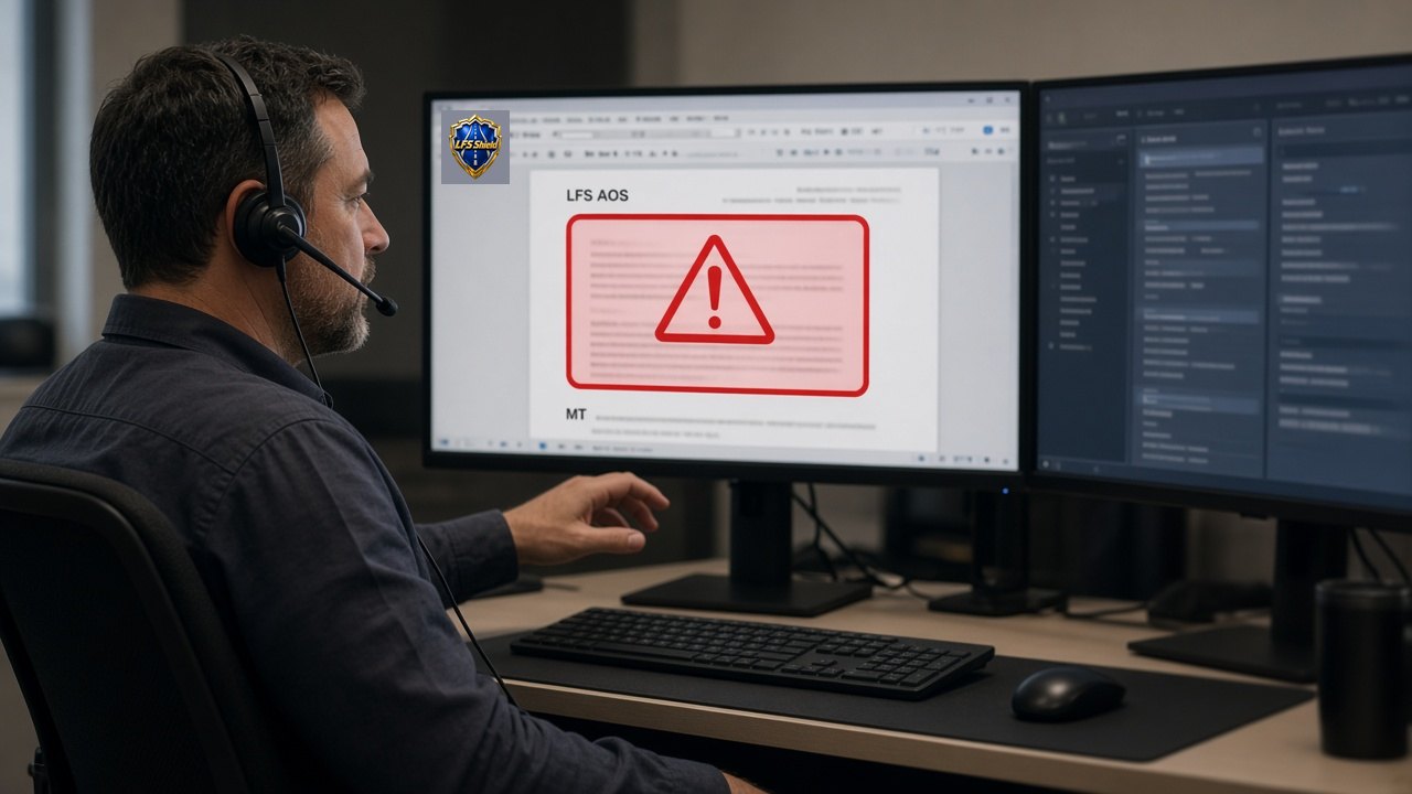 Dispatcher on a headset pausing as LFS AOS with MT flags a rate con from an unknown broker
