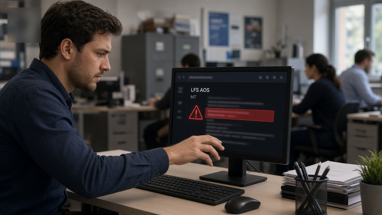 Broker office staff member pausing before clicking a link, with LFS AOS with MT on screen