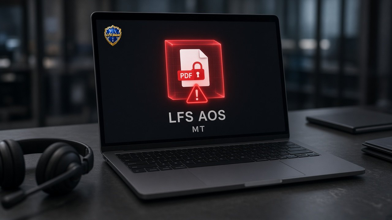 LFS Shield in LFS AOS with MT quarantining a downloaded PDF before it can open, red alert on the file