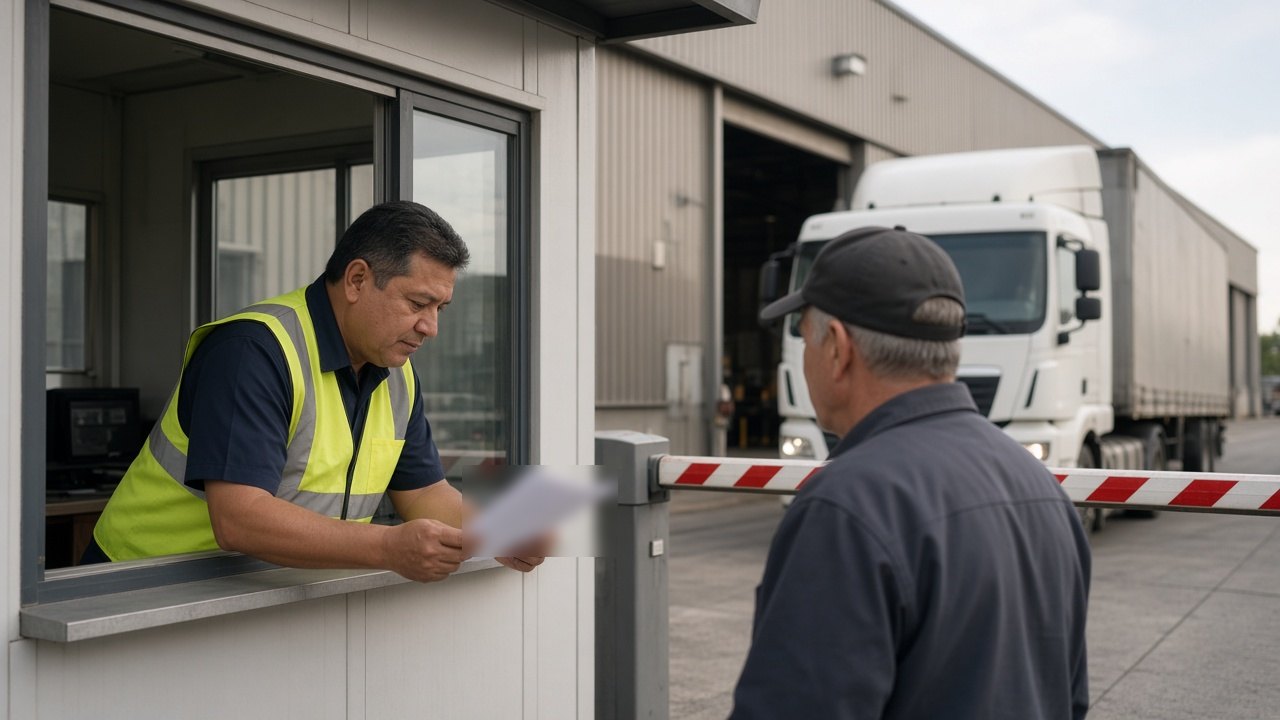 Shipper gate guard checking a truck at the gate before releasing a load