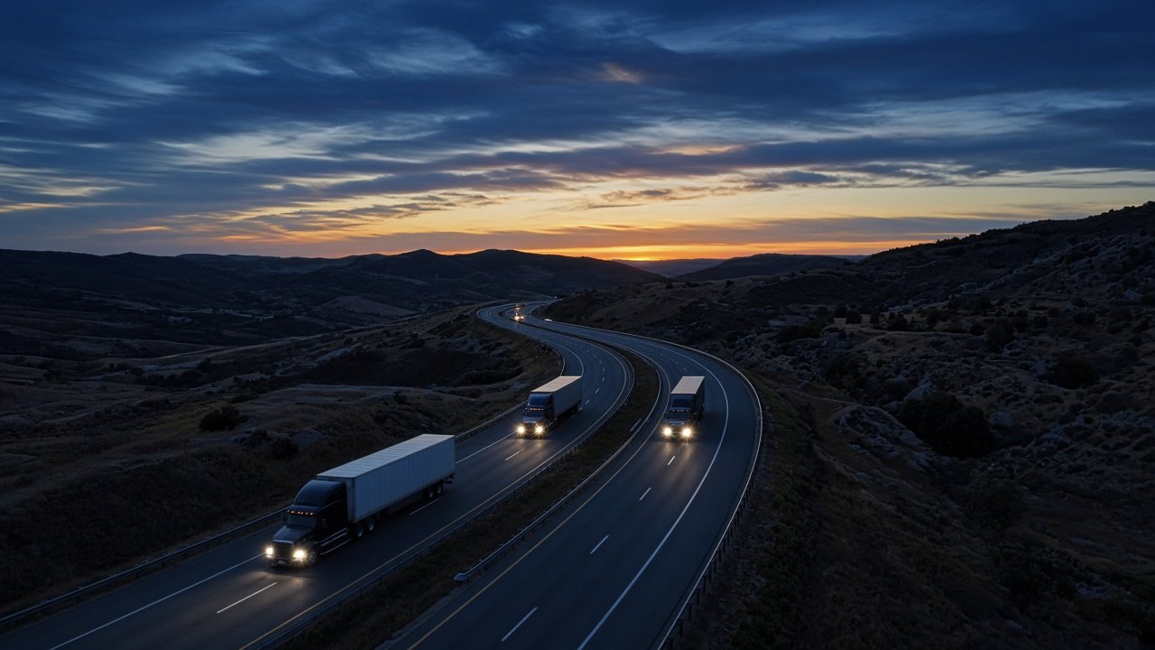 Semi trucks on a highway at dusk representing carriers protected by LFS Shield