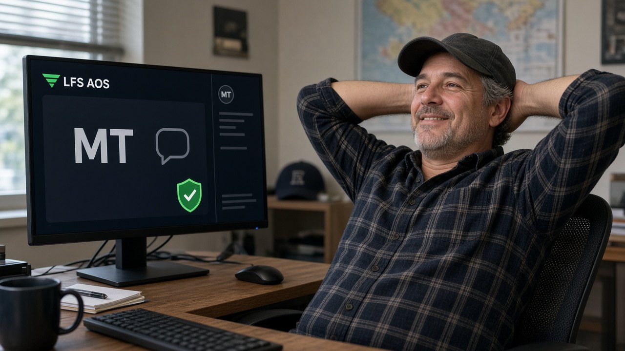 Small trucking company owner relieved at his desk after LFS Shield stopped a fake shipper
