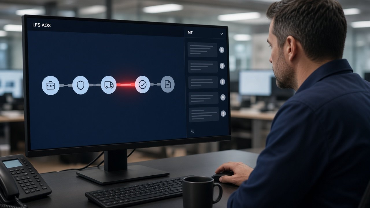Dispatcher comparing broker, carrier and payment details on a desktop screen showing LFS AOS with MT