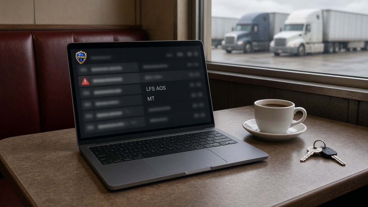 Laptop at a truck stop booth running LFS AOS with MT with a warning icon on a load posting
