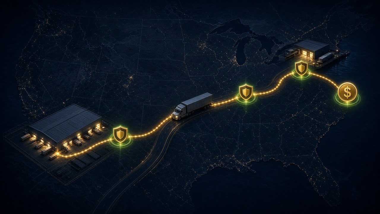 A load route across a map from warehouse pickup to delivery and payment, with an LFS Shield checkpoint at every handoff
