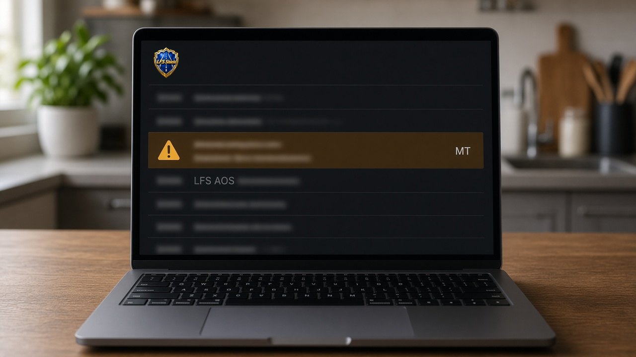 Laptop screen in LFS AOS with MT marking one email for review with a warning icon