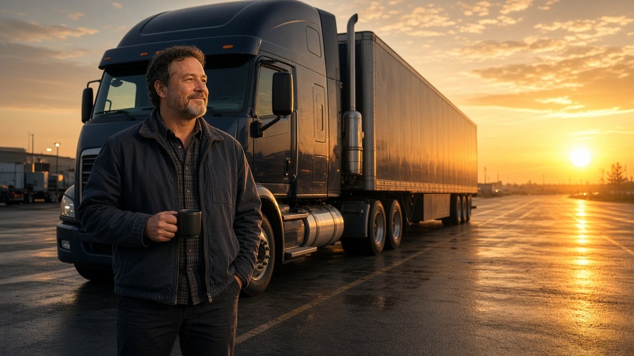 Owner-operator standing beside his semi truck at sunrise, protected by LFS Shield