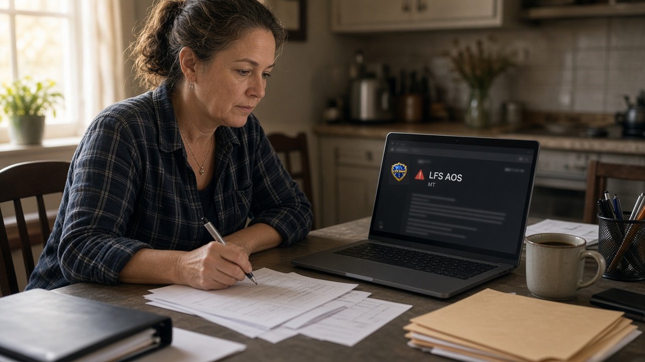 Owner-operator at her kitchen table reading a plain-English LFS Shield alert in LFS AOS with MT
