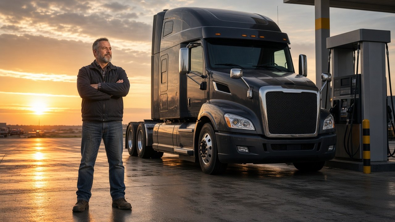 Owner-operator beside his semi at a fuel island at sunrise, his truck still rolling while a risky step waits for review