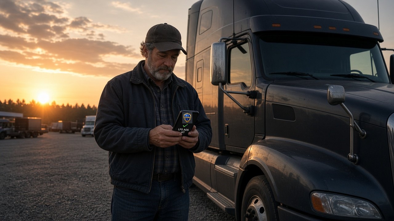 Owner-operator at a truck stop at dawn checking a load on his phone with LFS AOS with MT