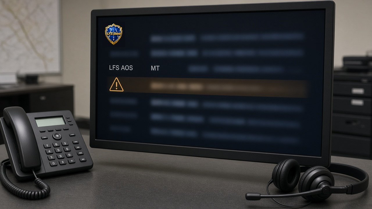 Dispatcher's desk phone and headset beside a monitor running LFS AOS with MT