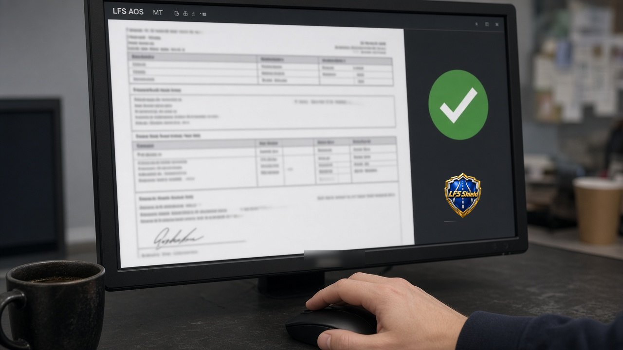 Broker rate confirmation PDF checked against the booked load in LFS AOS with MT, green check from LFS Shield