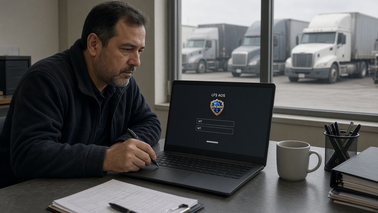 Small fleet owner at a truck yard office requesting LFS Shield early access in LFS AOS with MT