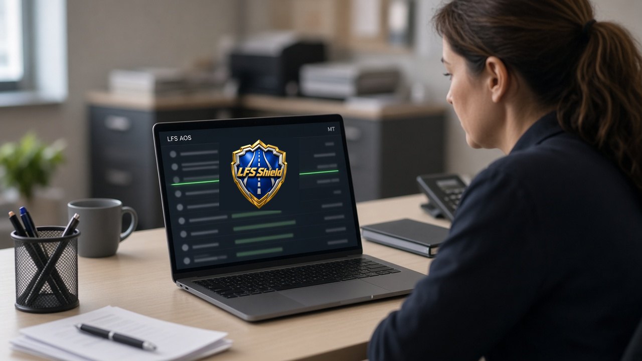 LFS Shield logo glowing green on a laptop in LFS AOS with MT as it scans an inbox for who really sent each email