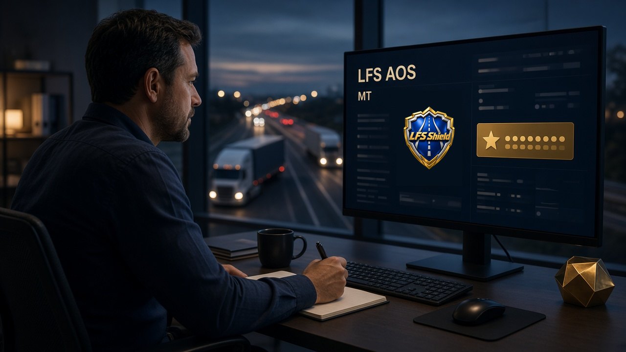 Broker at a desk reviewing a load handoff chain in LFS AOS with MT on a monitor