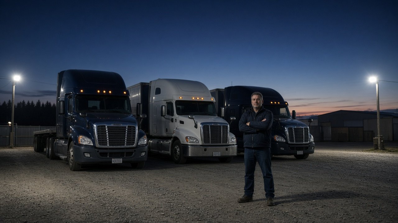 Small fleet owner standing in front of three semi trucks in a truck yard at dusk