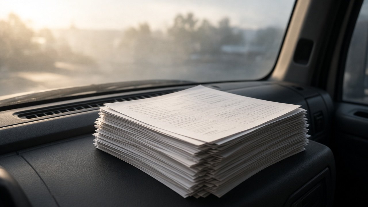 Stack of freight paperwork on a truck dashboard representing stolen POD fraud