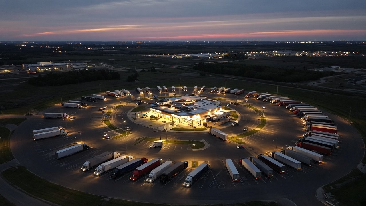Aerial view of trucks parked in a ring around a truck stop at dusk, every carrier connected by LFS Shield's circular learning